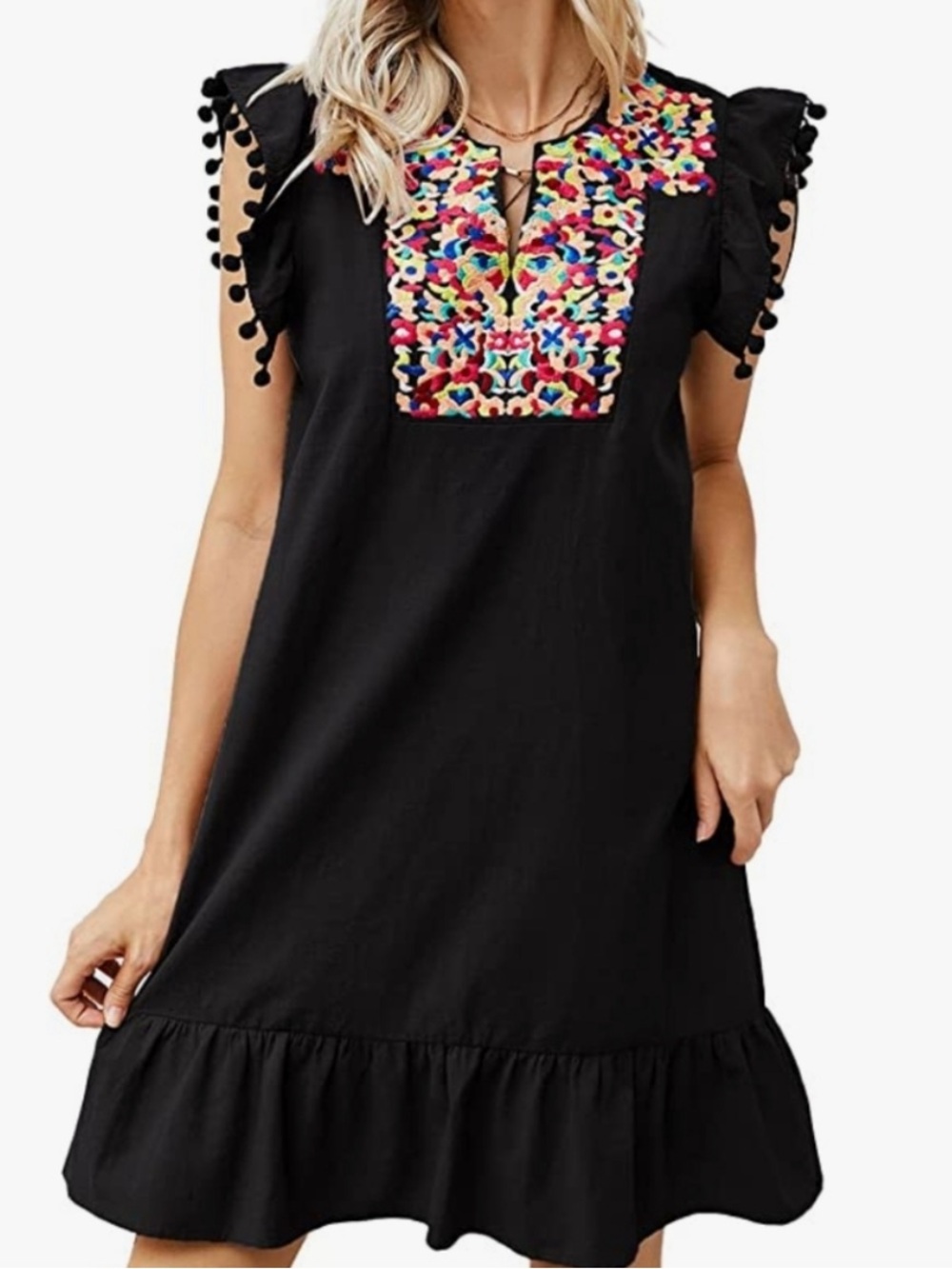 KIRUNDO Black Shift Dress Colorful Embroidered Yoke Pom Fringe Cap Sleeve Ruffle
